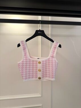 Balmain Pink and White Cropped Knit Tank